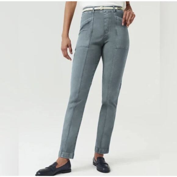 NWT Spanx Womens Twill Blue Gray Stretch High Rise Pull On Straight Jeans Tall M